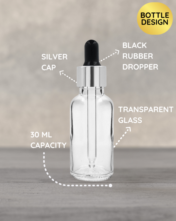 30ml Transparent Dropper Bottle with Silver Cap and Black Rubber