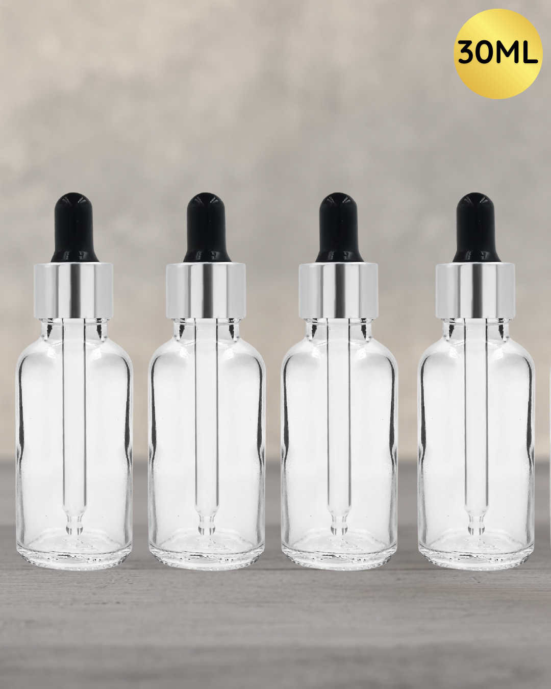 30ml Transparent Dropper Bottle with Silver Cap and Black Rubber