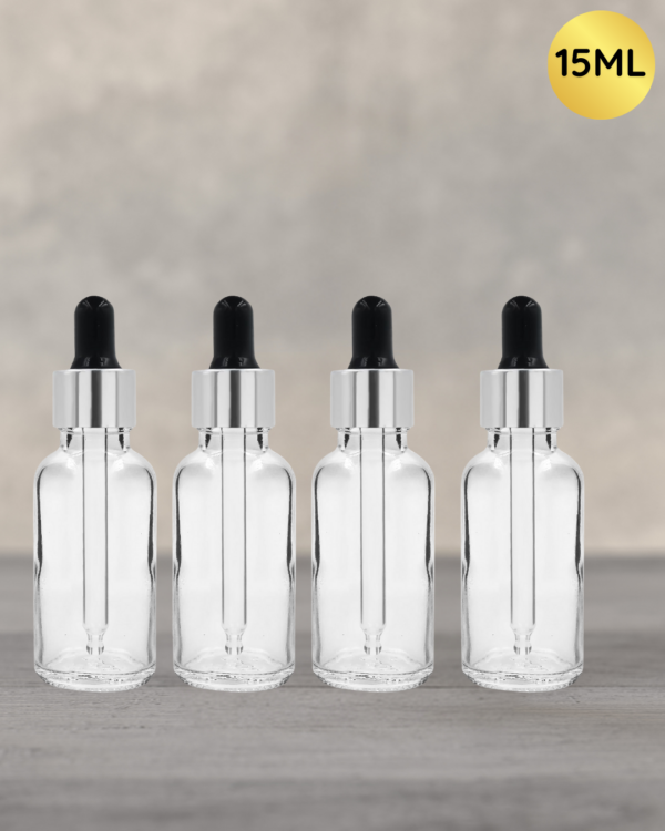 15ml Transparent Dropper Bottle with Silver Cap and Black Rubber