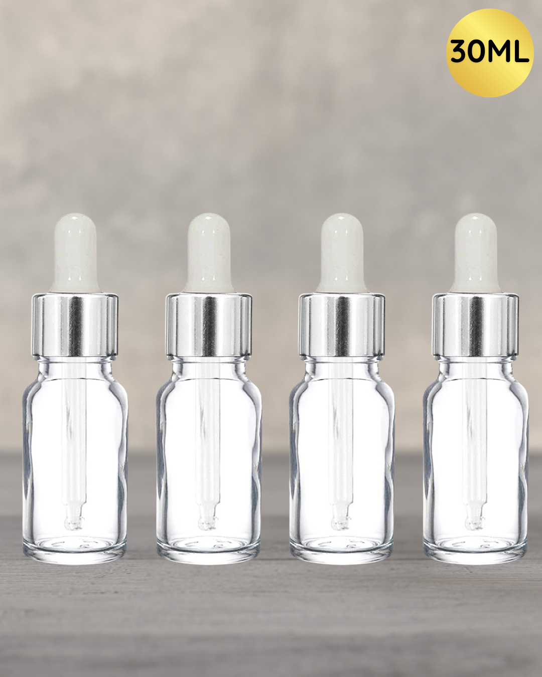 30ml Transparent Dropper Bottle with Silver Cap and White Rubber