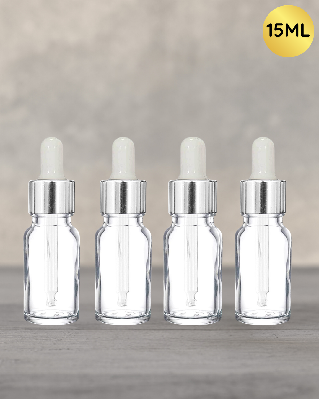 15ml Transparent Dropper Bottle with Silver Cap and White Rubber