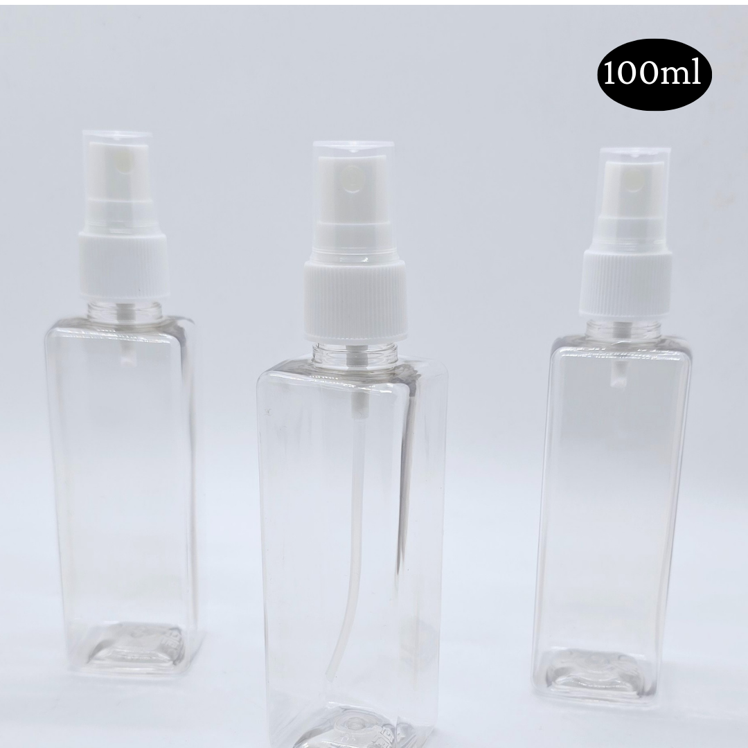 100ml Square Transparent Bottle with White Spray Cap