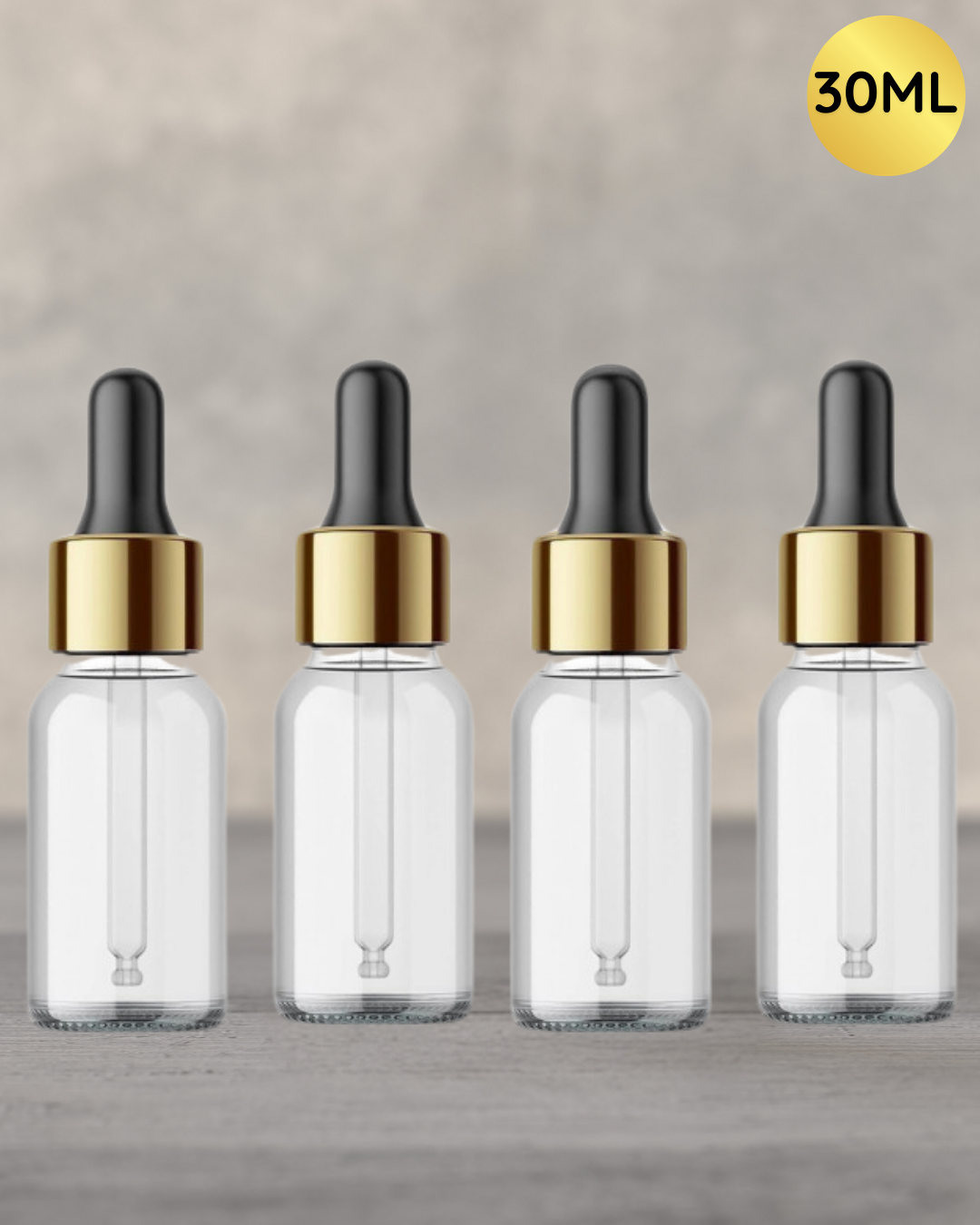 30ml Transparent Dropper Bottle with Golden Cap and Black Rubber