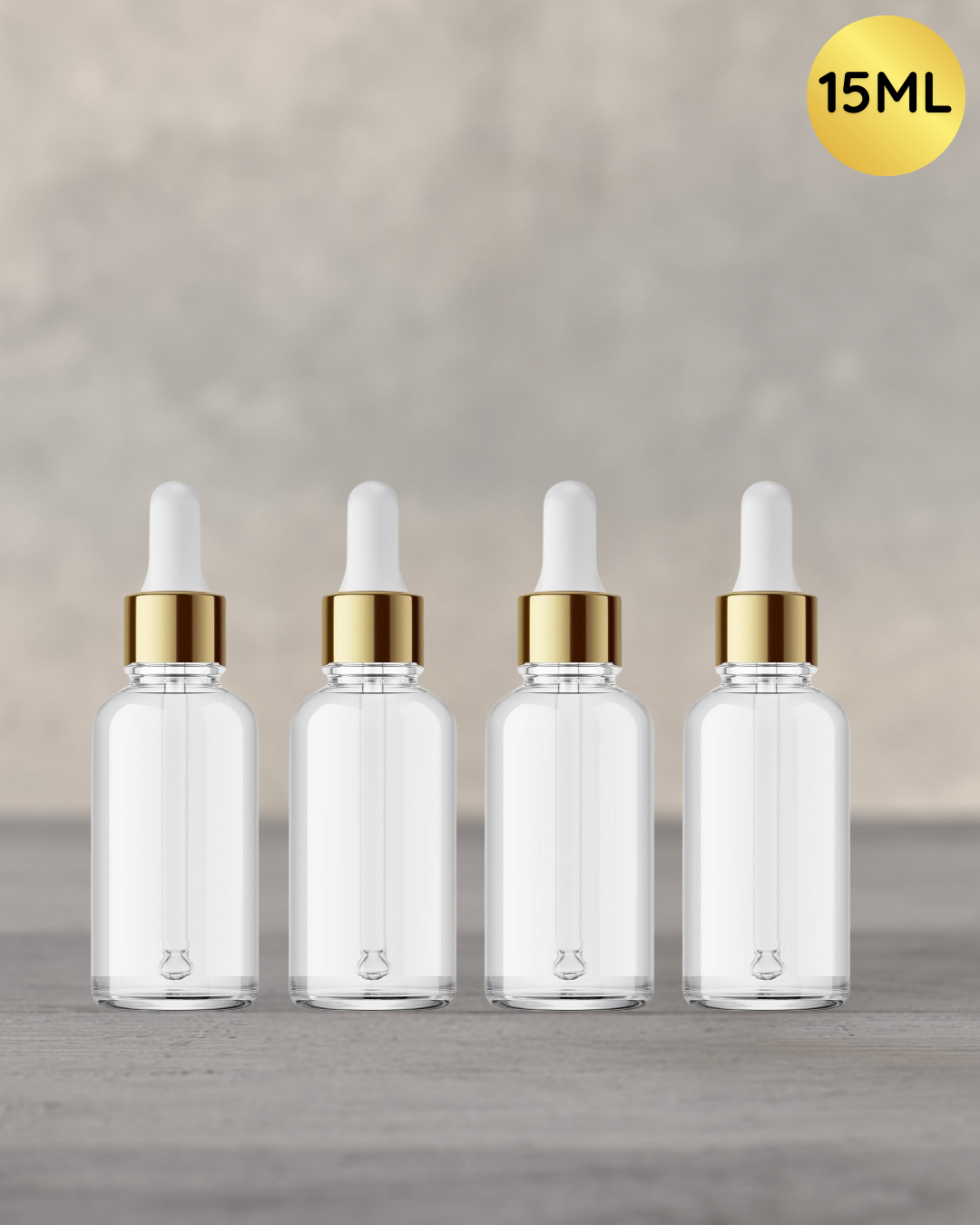 15ml Transparent Dropper Bottle with Golden Cap and White Rubber